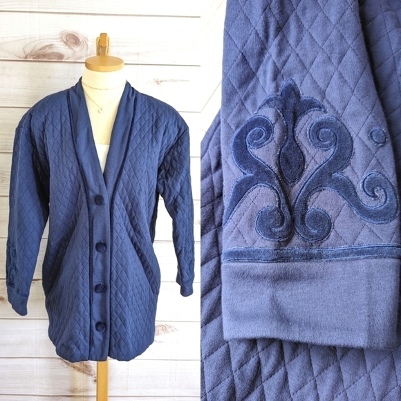 Neiman Marcus Vintage Quilted and Embroidered Button Down Jacket in Blue  Sz Lrg - Picture 1 of 11